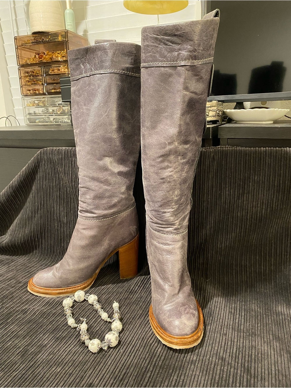Chloe Over-The-Knee Leather Boots in Gray with Brown Heel